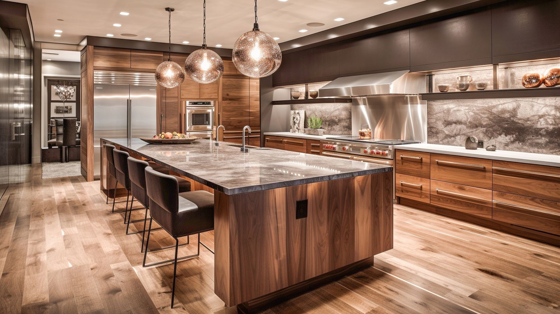 Modern kitchen with a large wooden island, pendant lights, and stainless steel appliances.