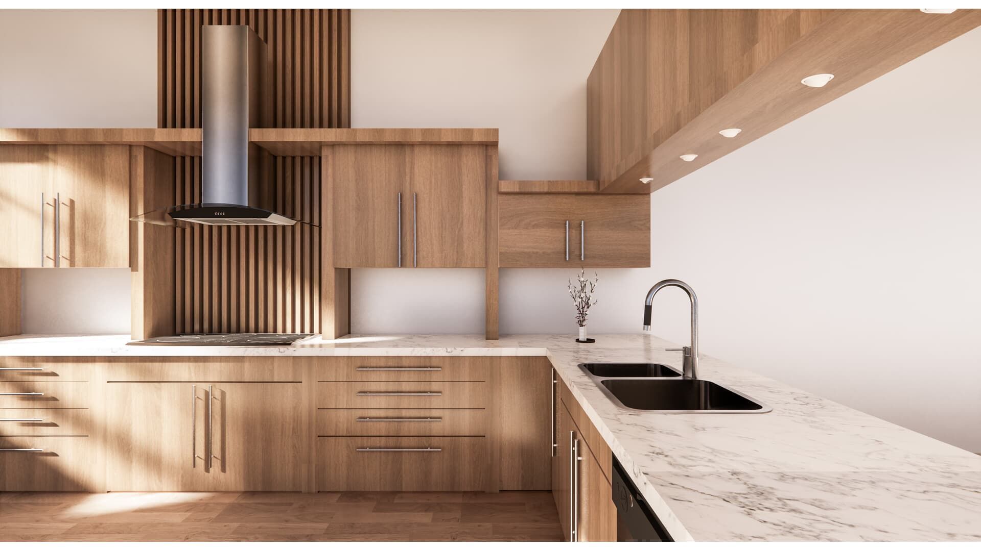 Modern kitchen with wooden cabinets, stainless steel hood, and light countertop.