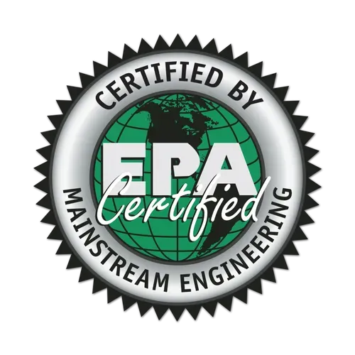 Certified by EPA seal; green and silver, showing a map of the world, with the EPA logo.