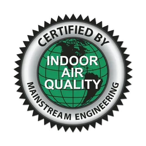 Silver seal with green globe, text: "Certified by Indoor Air Quality, Mainstream Engineering."