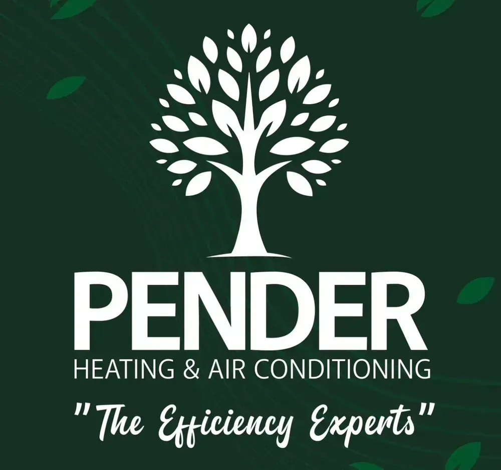 Logo for Pender Heating & Air Conditioning: White tree over text on a dark green background.