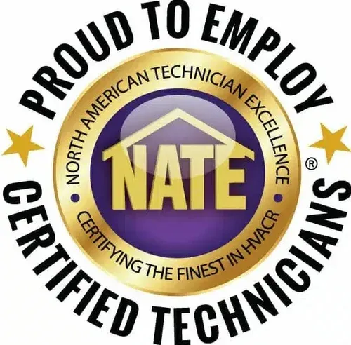 NATE certification logo: Gold badge with "NATE" and "Proud to Employ Certified Technicians" text.