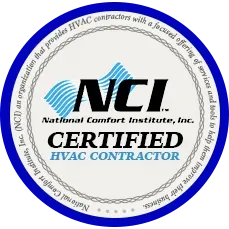 Circular logo: "NCI Certified HVAC Contractor" with blue and black text; a logo of a water shape.