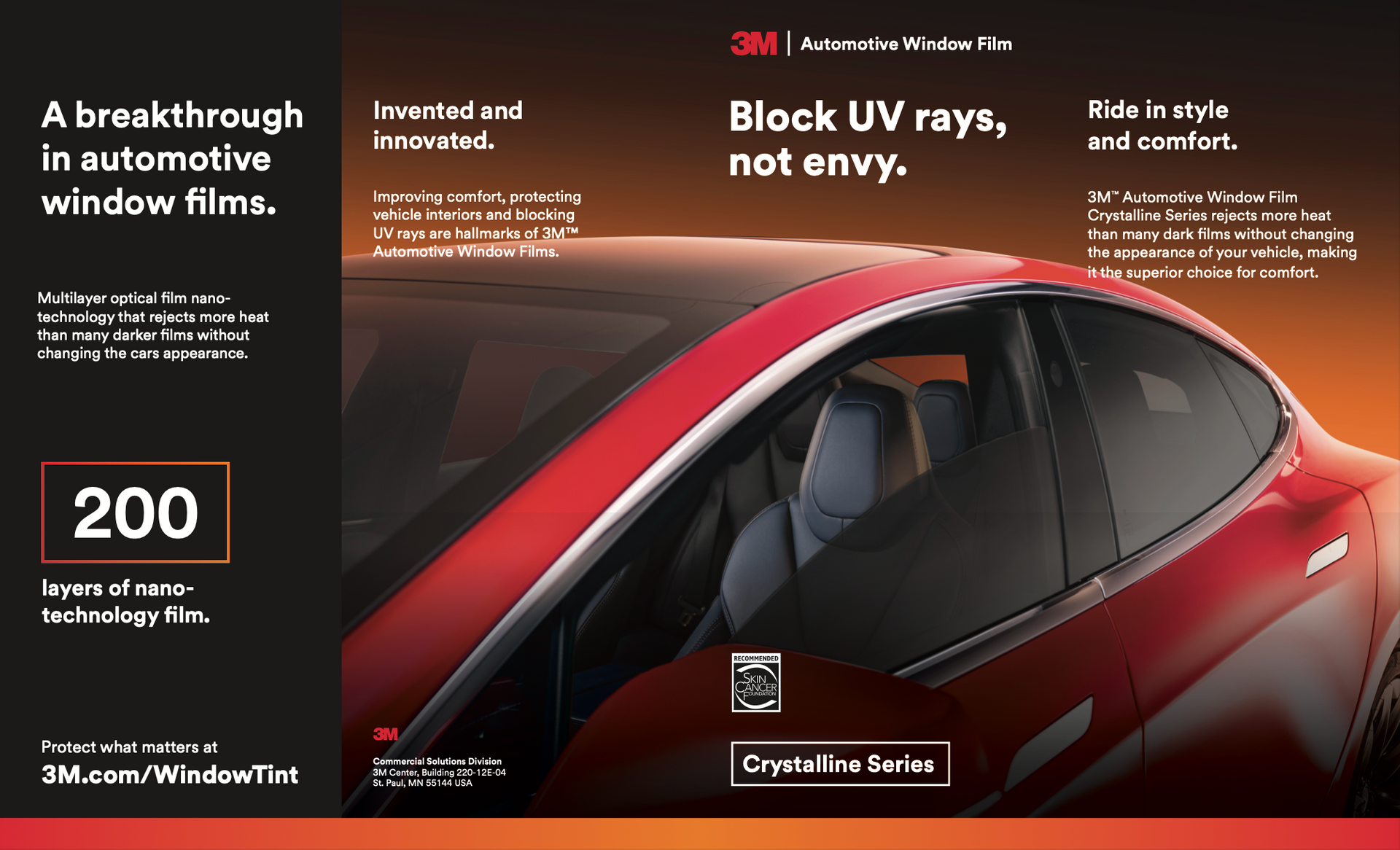 A red car is on a poster that says a breakthrough in automotive window films