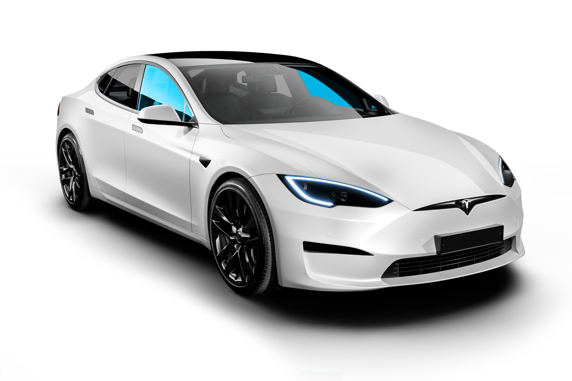 A white tesla model s with blue windows on a white background.