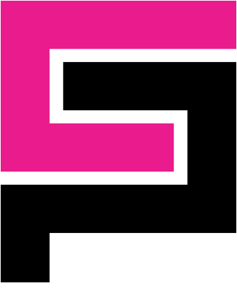 A pink and black logo with the letter p on a white background.