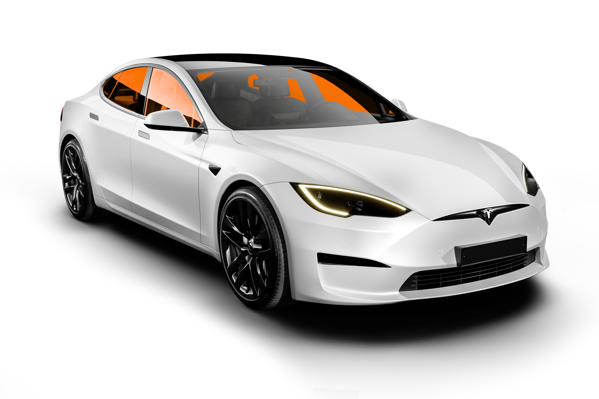 A white tesla model s with blue windows on a white background.
