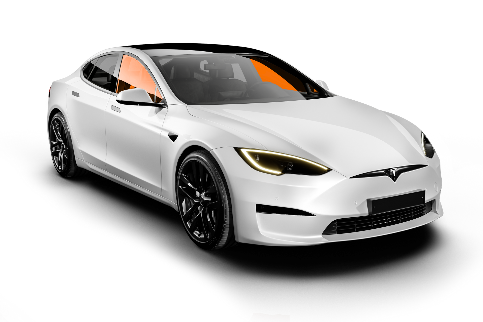 A white tesla model s with blue windows on a white background.