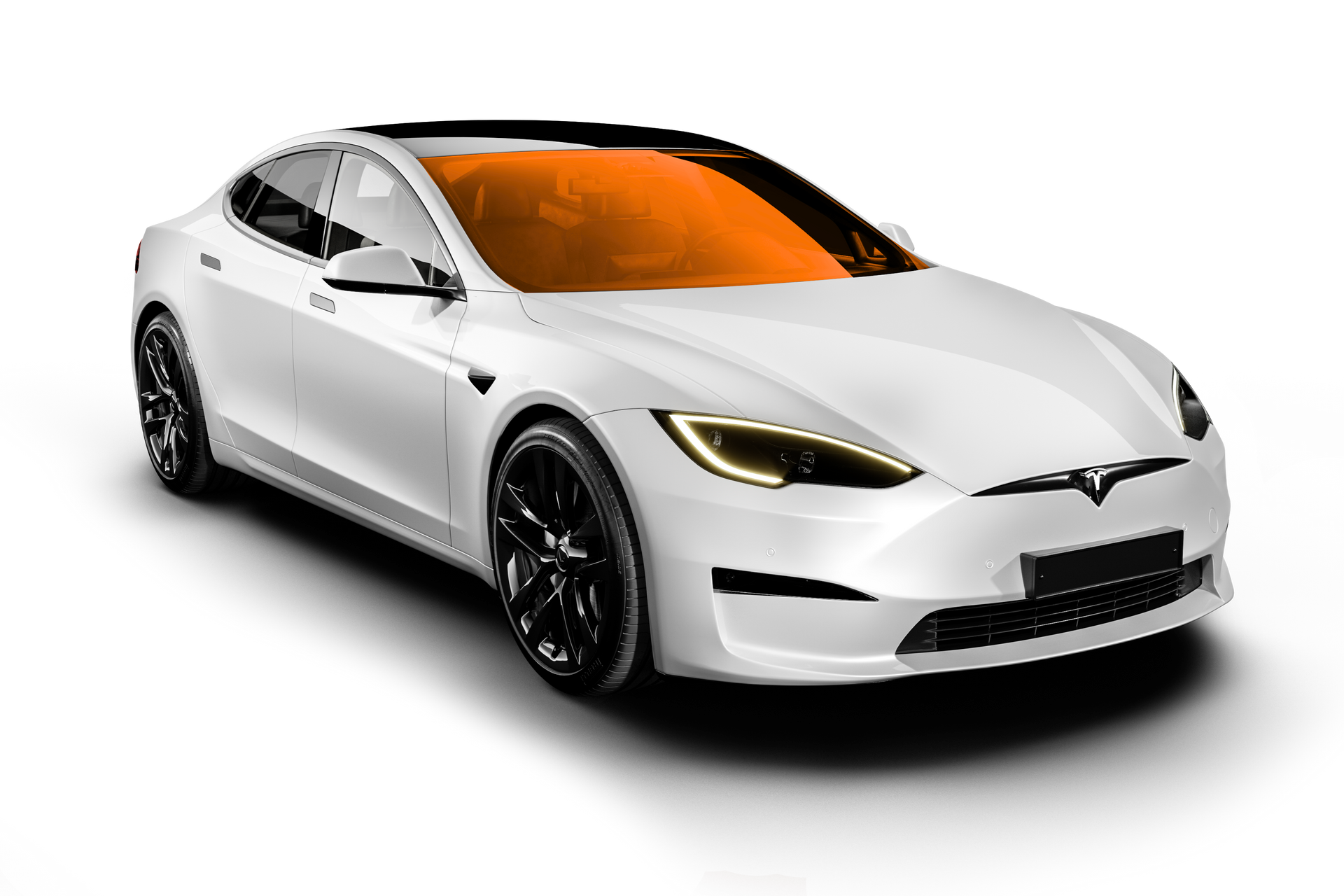 A white tesla model s with a blue windshield on a white background.