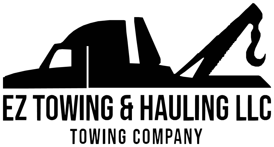 A black and white logo for a towing and hauling company.