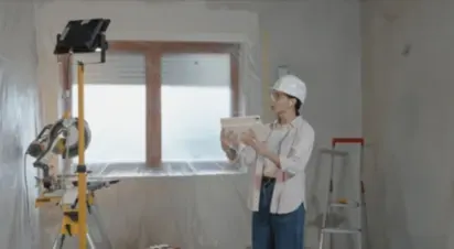 Mujer con un casco de seguridad coordinando la instalaciones de las ventanas de una casa