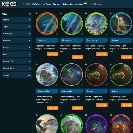 A screenshot of the KOGs Store My NFTs page showing the collections of digital assets