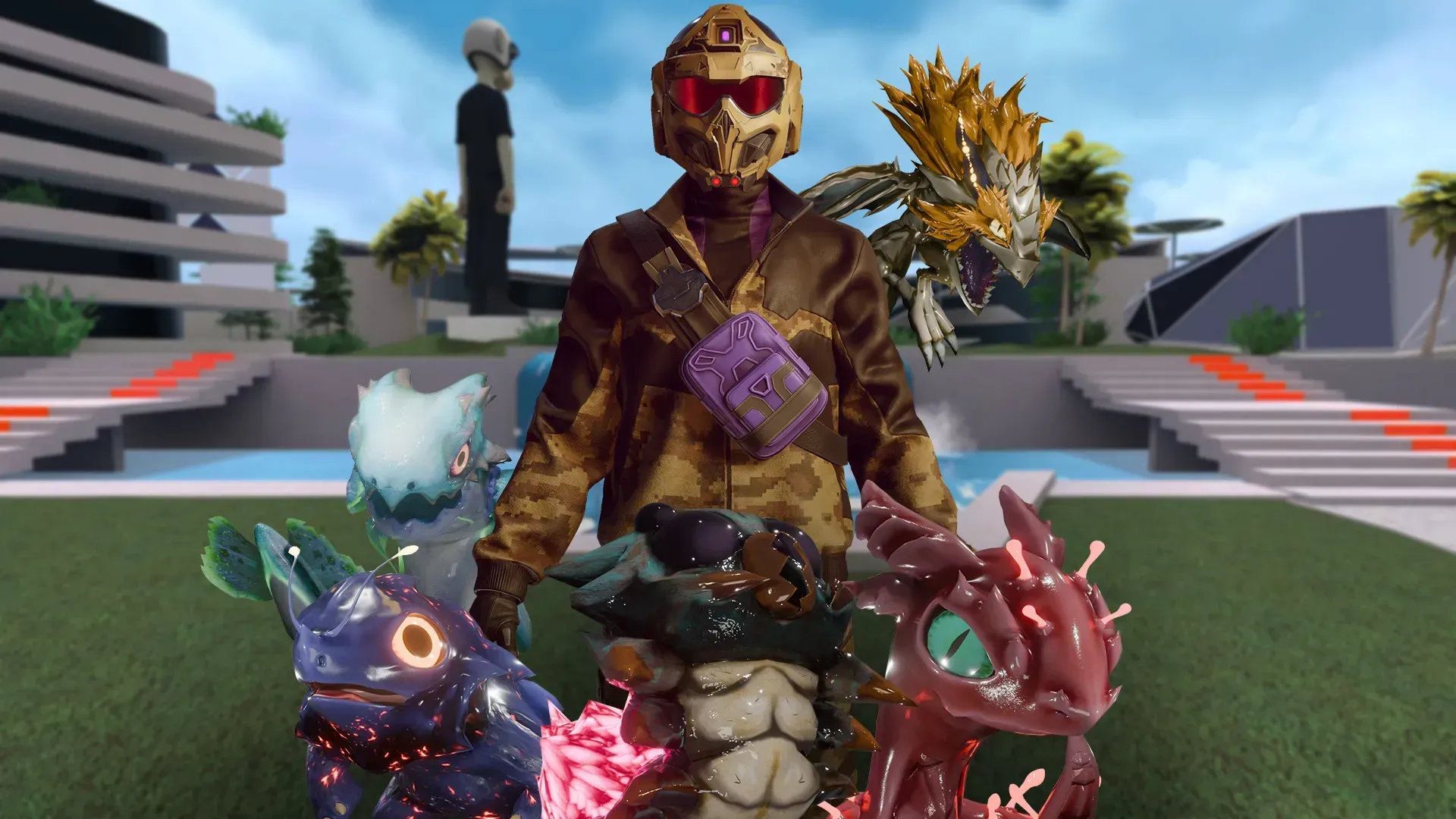 Five KOGs pet companions and a CitiXen in the Qua5ar quarter of the RFOX VALT metaverse