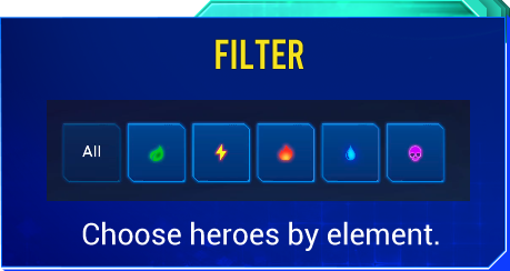 Heroes filter description on deck panel of the KOGs: QUEST! gameplay