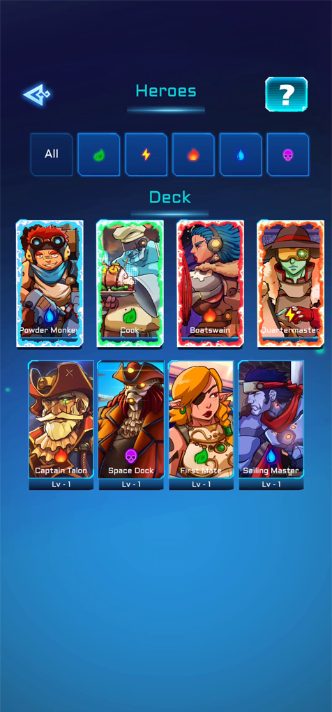 Deck Heroes team panel on the KOGs: QUEST! gameplay