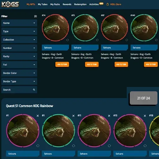 Screenshot of the My NFTs dashboard with KOGs Quest Pets NFTs and Tubes