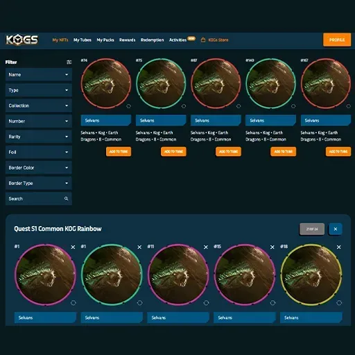A screenshot of the KOGs Store marketplace showing digital assets to be purchased