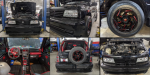 A collage of photos of a black car in a garage.