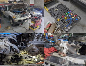 A collage of four pictures of a car being worked on