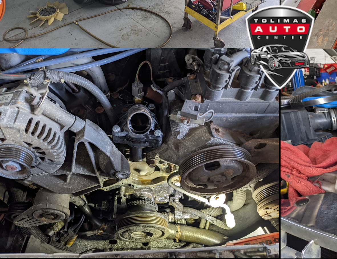 A collage of photos of a car engine being worked on by tolimas auto center