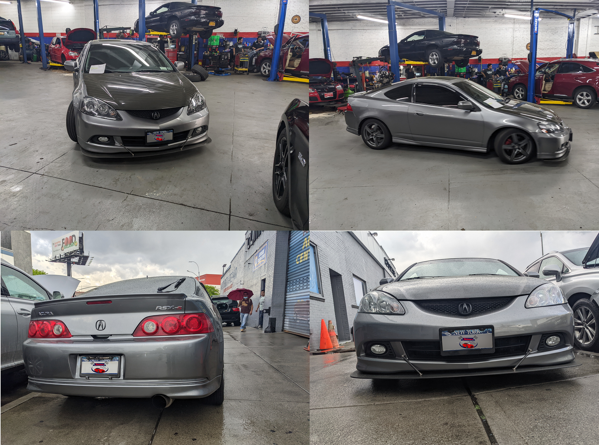 A collage of four pictures of a car in a garage.