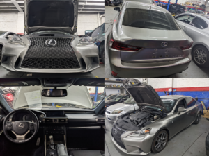 A collage of photos of a lexus car with the hood open