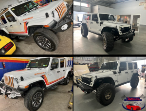 Four pictures of a white jeep in a garage