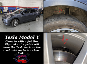 A tesla model y came in with a flat tire