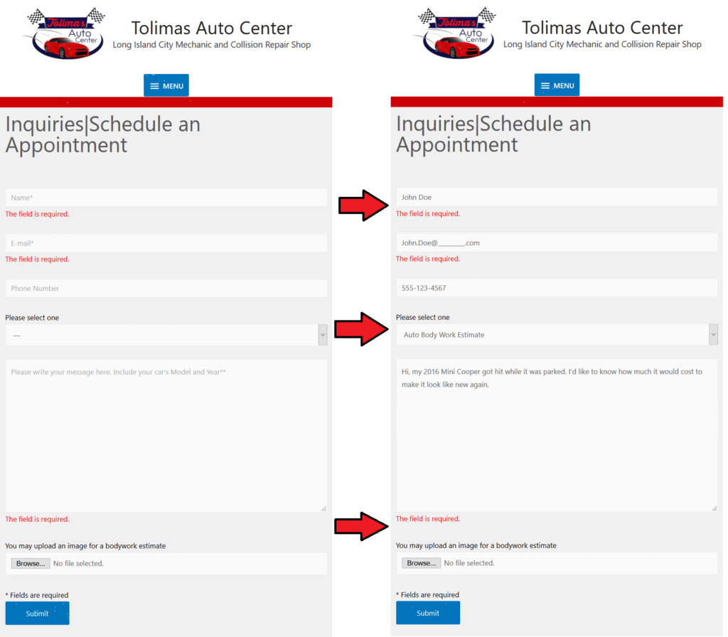 Two screenshots of a website for tolimas auto center
