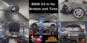 A bmw z4 is being worked on in a garage