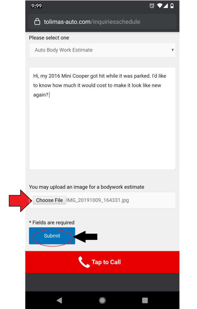 A screenshot of a phone screen with a red arrow pointing to a button that says tap to call.