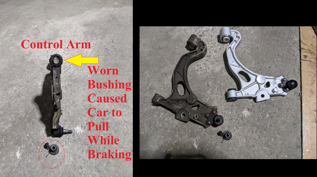 A picture of a control arm with a yellow arrow pointing to it.