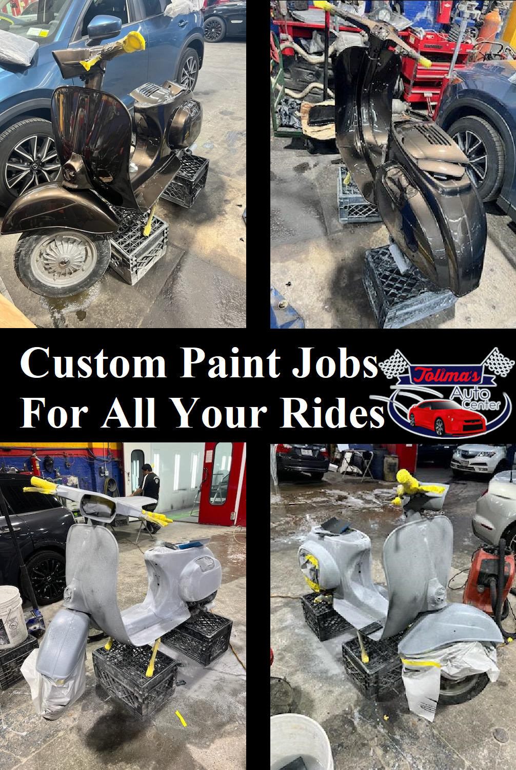 A collage of photos of a scooter being painted in a garage.
