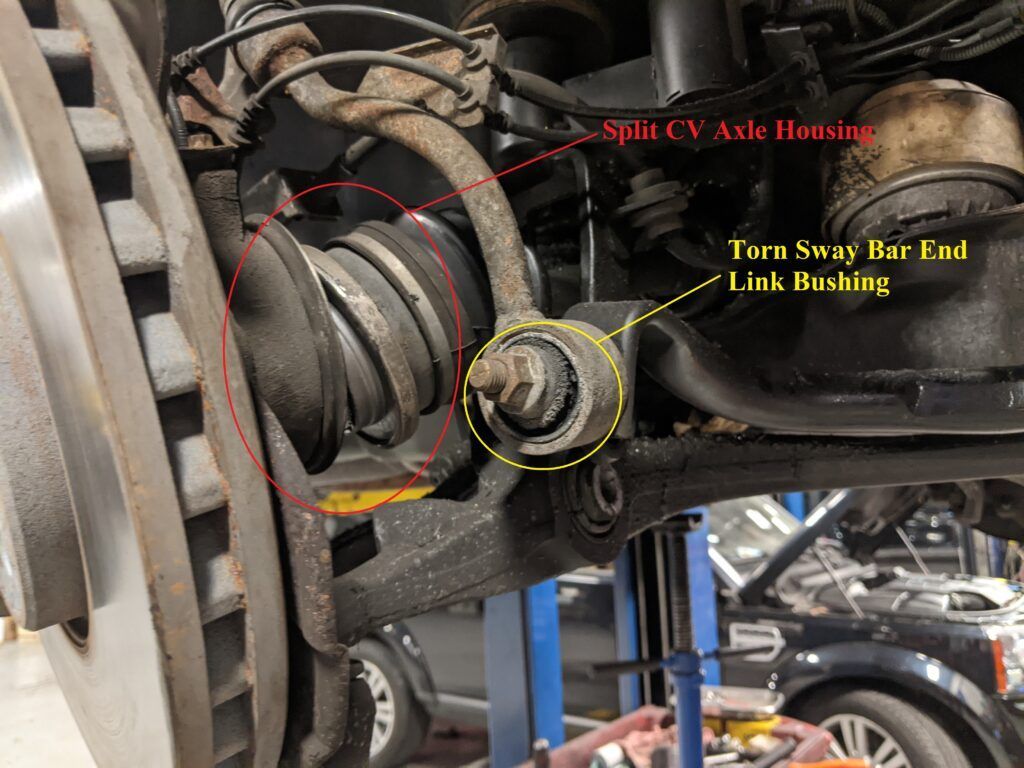 A car with a torn sway bar end link bushing
