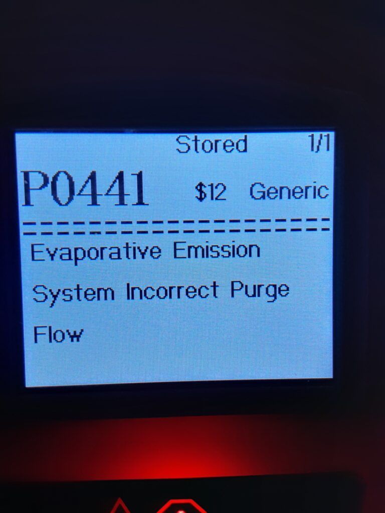 A screen that says evaporative emission system incorrect purge flow
