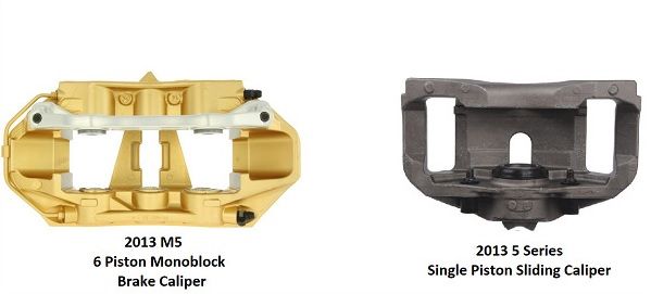 A picture of a brake caliper and a picture of a single piston sliding caliper.