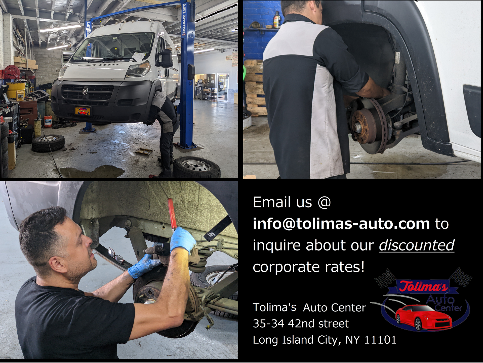A man is working on a white van in a garage.