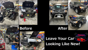 A collage of pictures of a car before and after being repaired