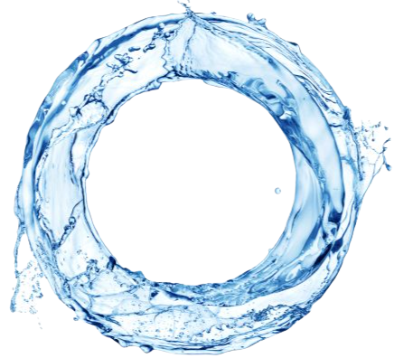 Een ringvormige spat helderblauw water tegen een witte achtergrond.