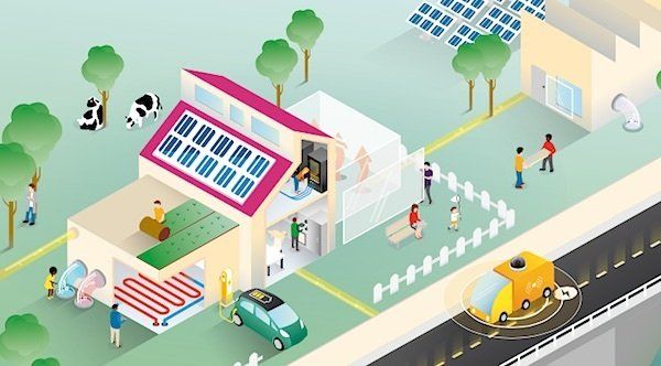 Een isometrische illustratie van een huis met een auto ervoor geparkeerd.