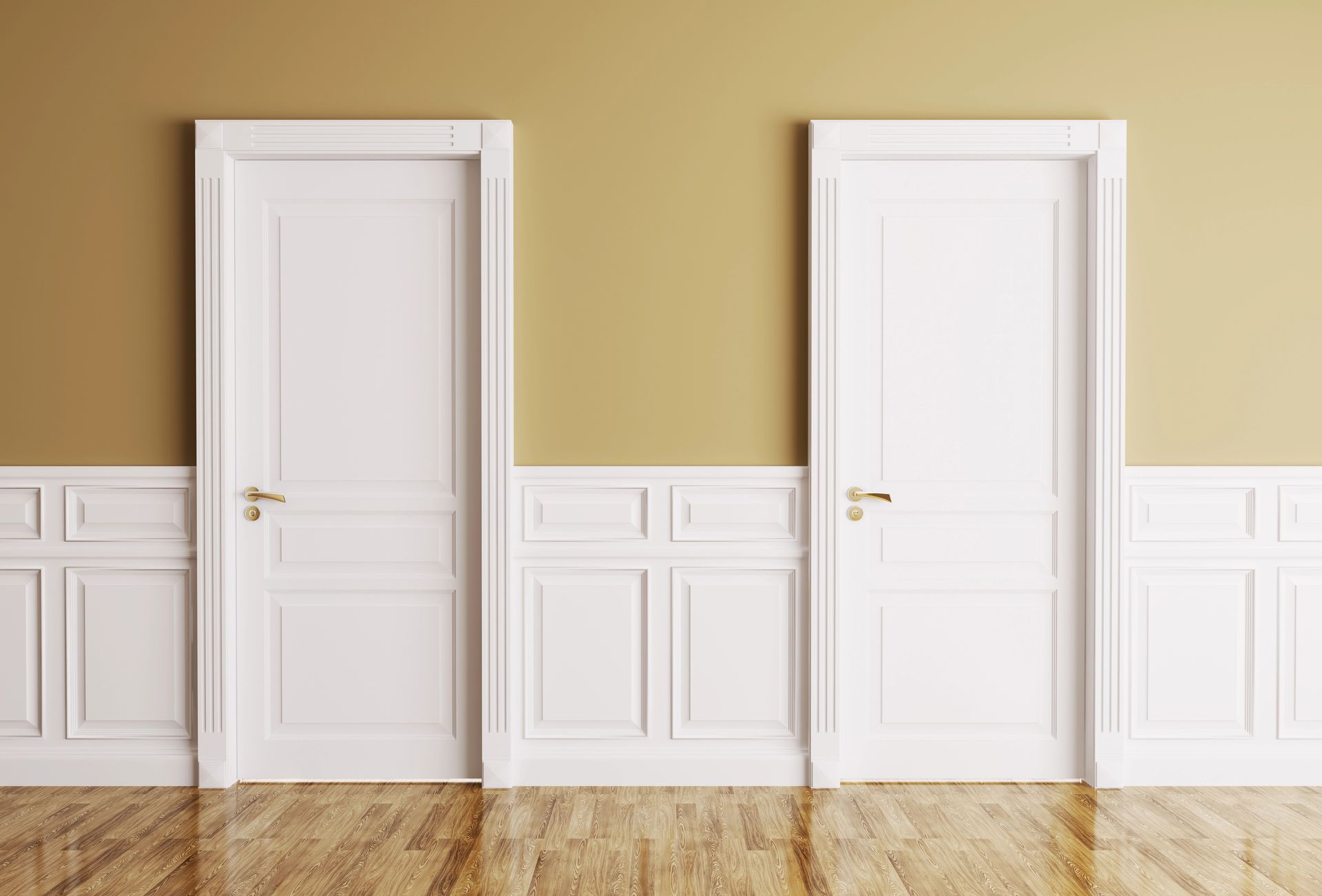 A room with three white doors and a wooden floor.