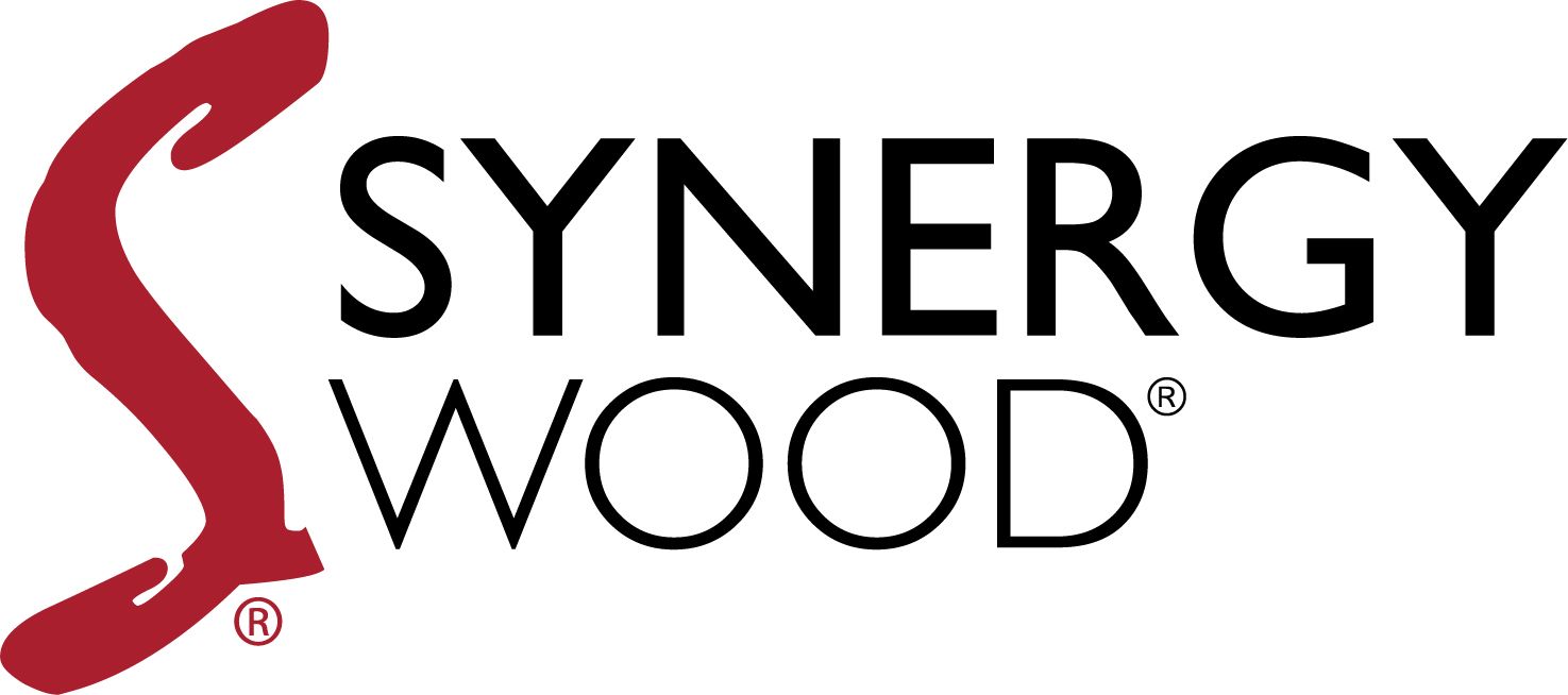 A logo for synergy wood with a red s on a white background.