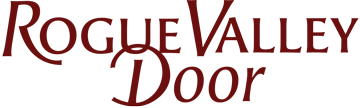 The logo for rogue valley door is red on a white background.