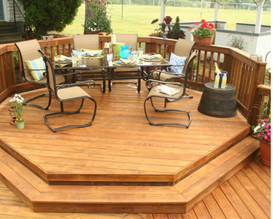 A wooden deck with a table and chairs on it