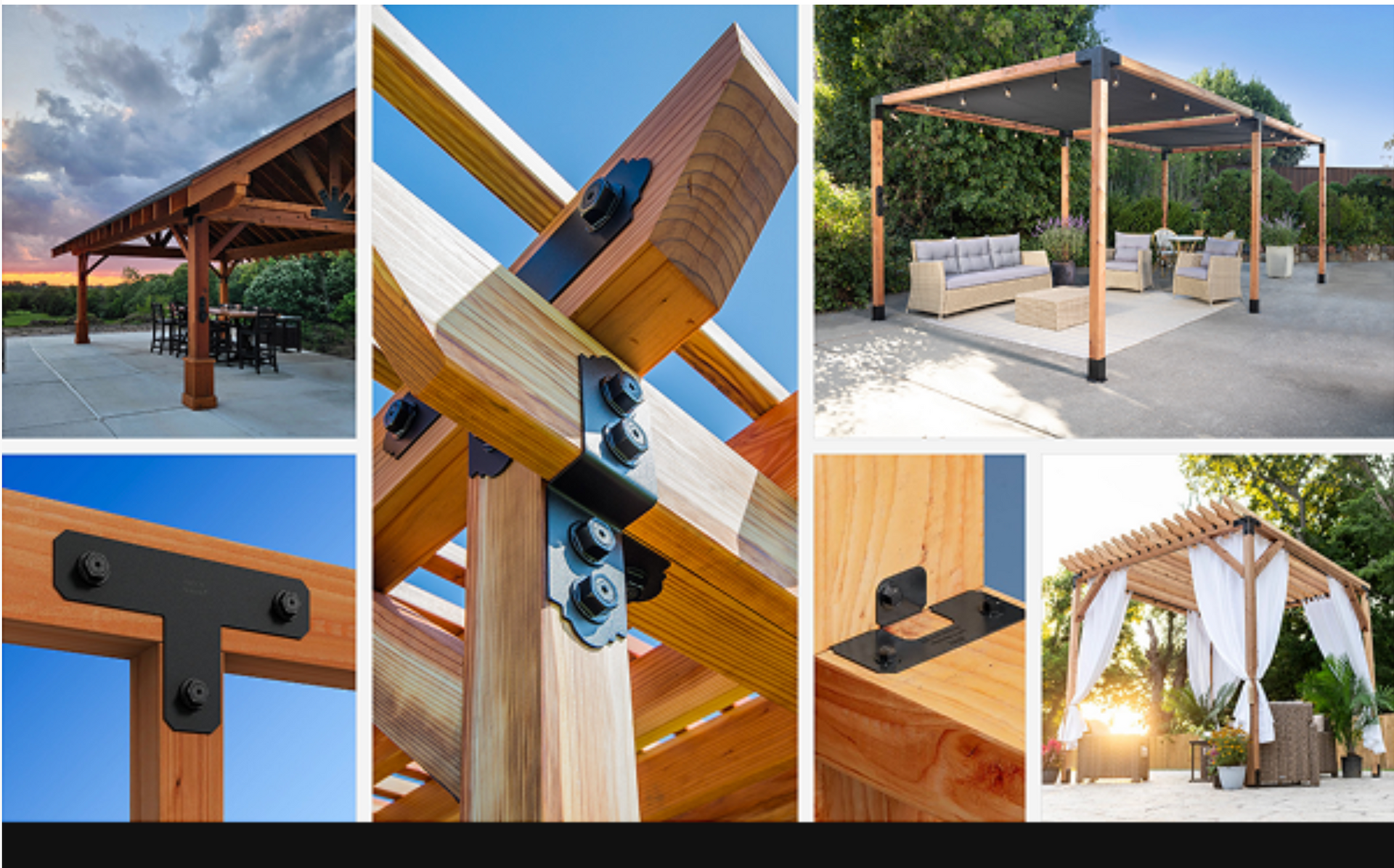 Wooden pergola structures with black metal brackets.