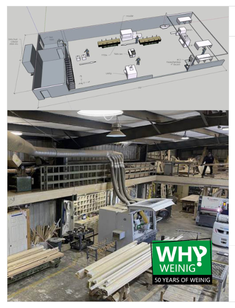 Woodshop render above, real woodworking shop below with machinery, lumber, and 