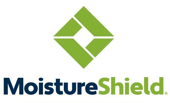 A logo for moistureshield with a green diamond in the middle