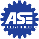 ASE Certified logo: Blue gear shape with white text 