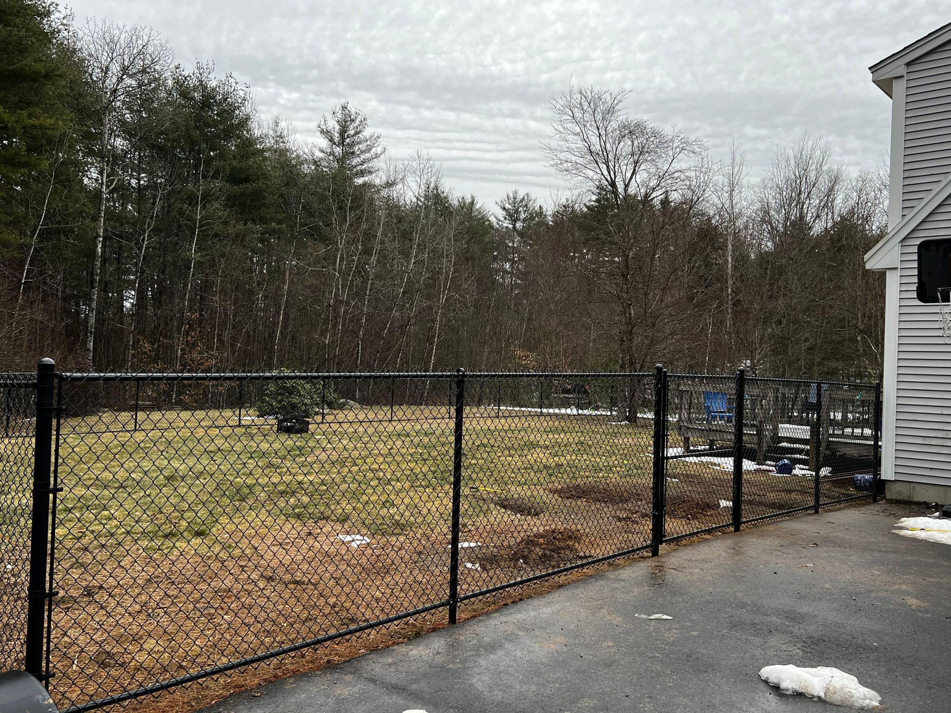 Black chain-link fence bordering a yard with fallen leaves, trees, and a house under a cloudy, snowy sky.