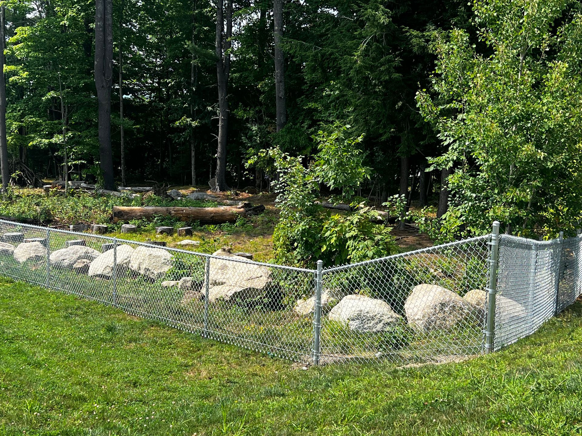 Chain-link fence encloses a rock garden in a grassy area, with trees in the background.